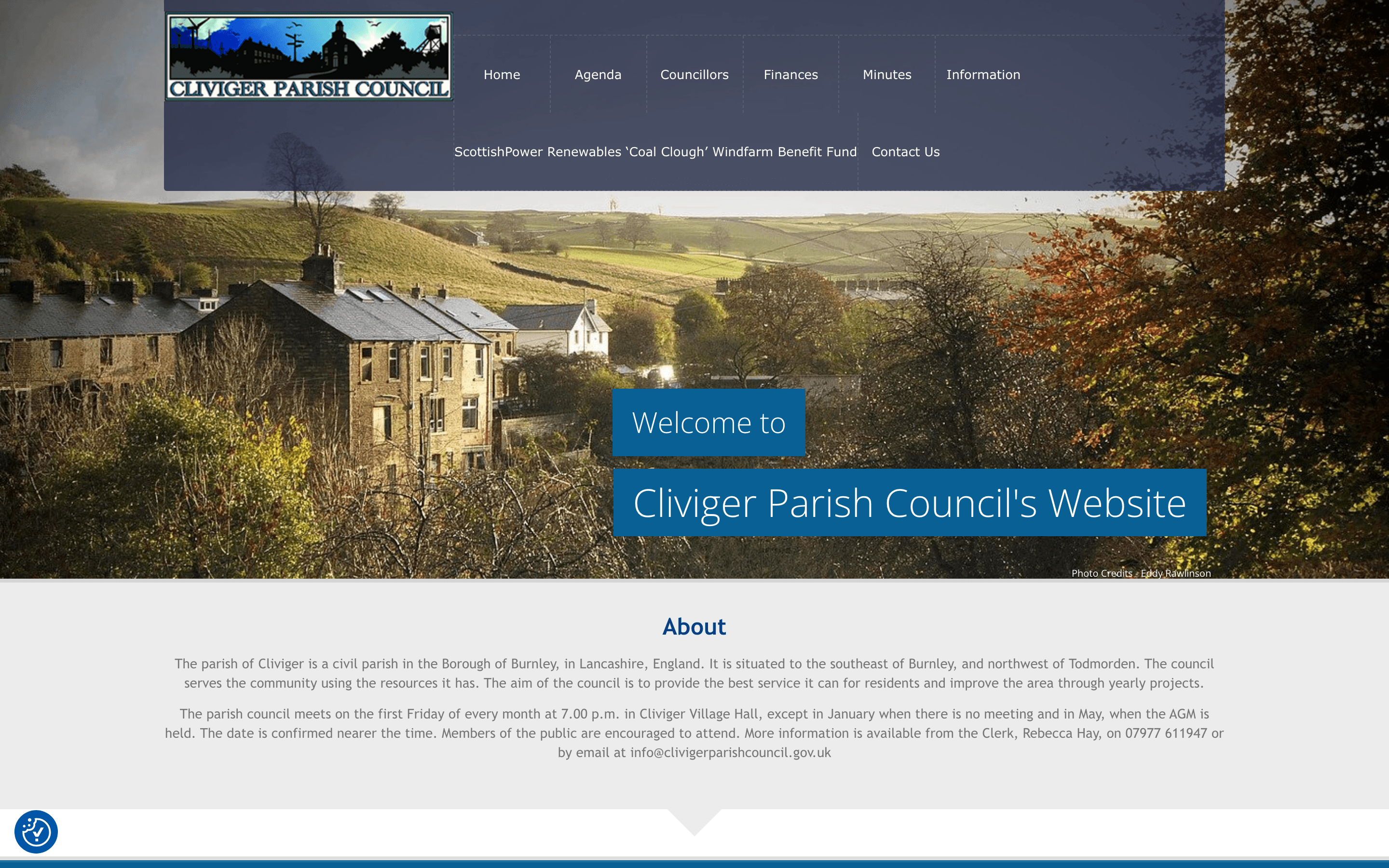Cliviger Parish Council homepage: a stone village photograph, a blue welcome banner, and navigation for agenda, councillors, finances and minutes.