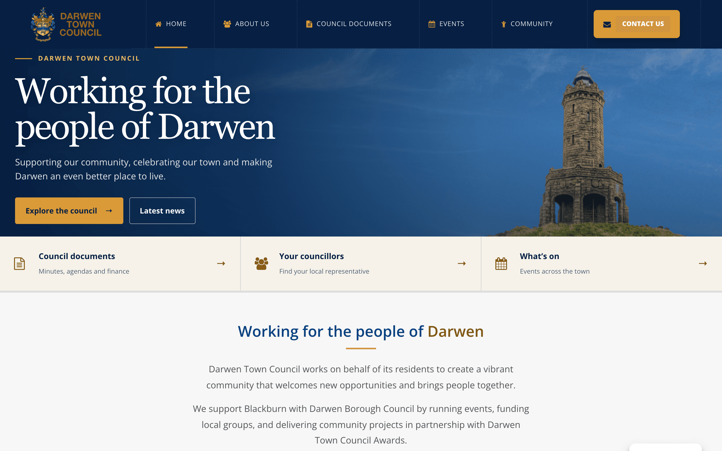 Darwen Town Council homepage on a desktop screen: gold crest and wordmark, a navy hero with Jubilee Tower, and the heading Working for the people of Darwen.