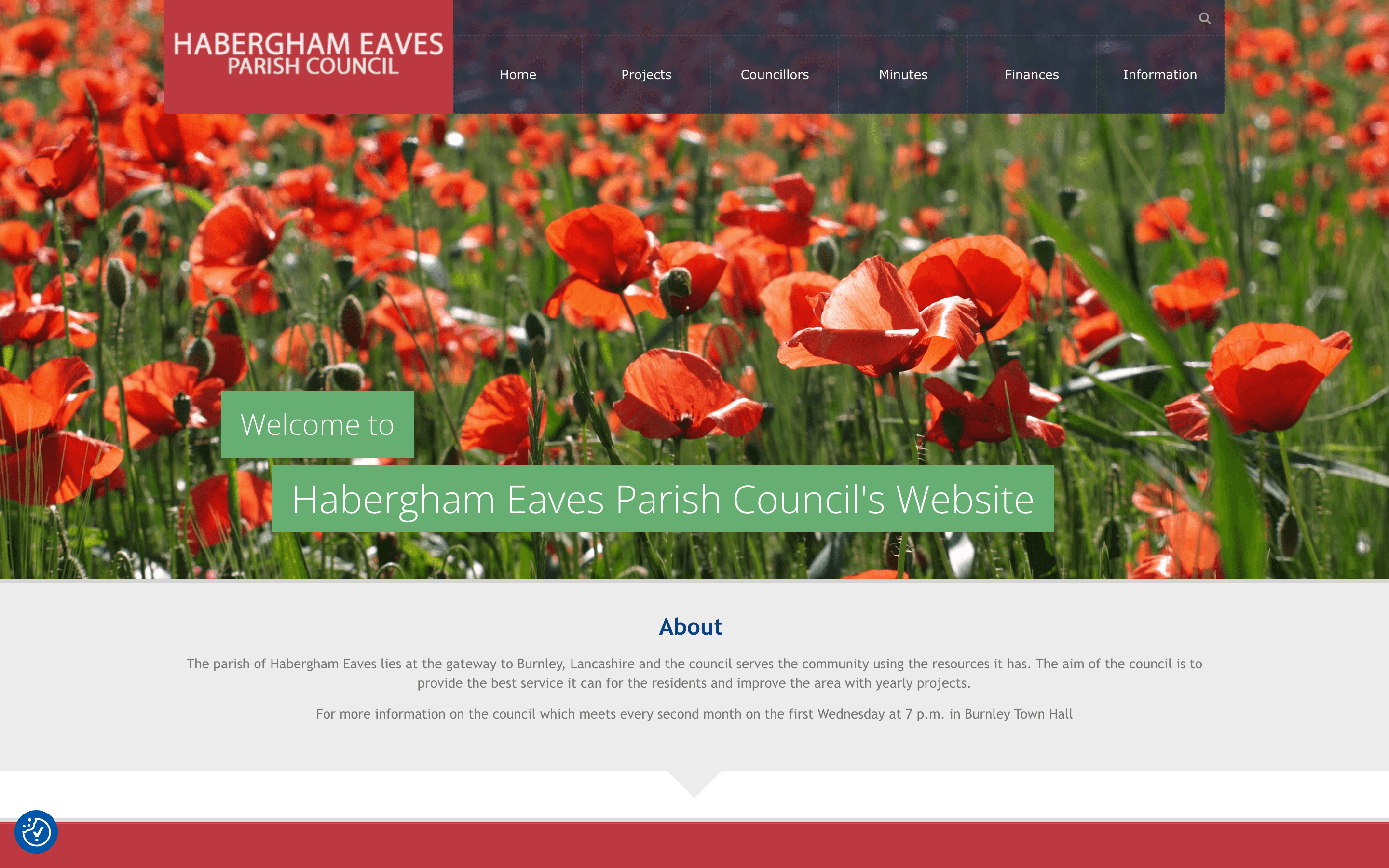 Habergham Eaves Parish Council homepage: a red poppy field, a green welcome banner, and navigation for projects, councillors, minutes and finances.